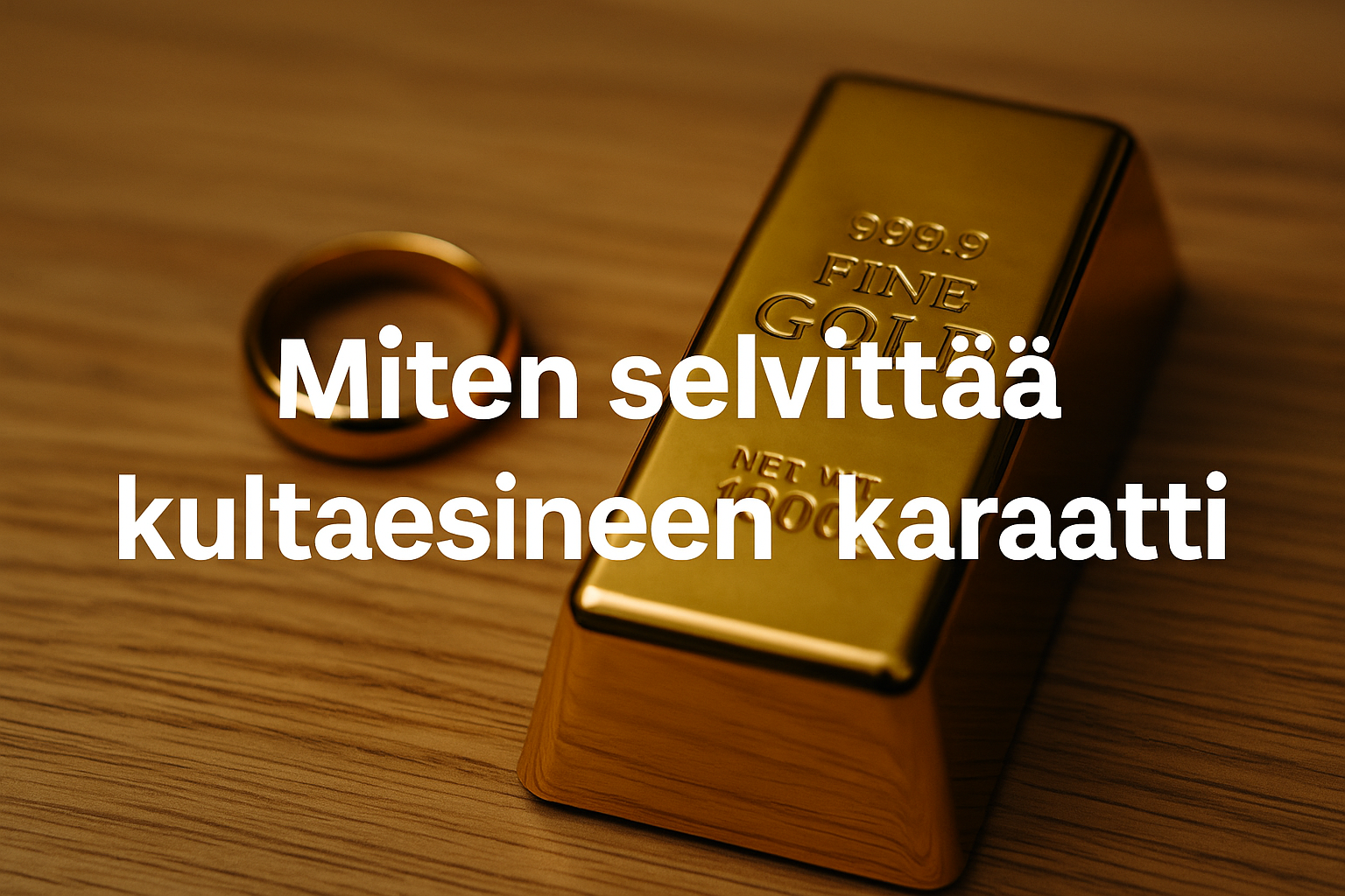 Kultaharkko ja kultasormus puupinnalla. Teksti kuvassa: Miten selvittää kultaesineen karaatti.