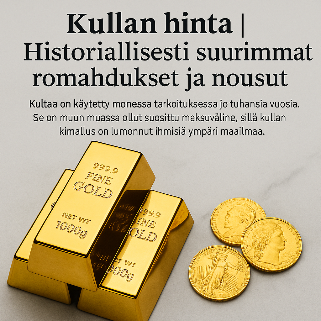Kolme kultaharkkoa ja kolme kultarahaa harmaalla taustalla, symboloiden kullan historiallista arvoa ja hinnan kehitystä.