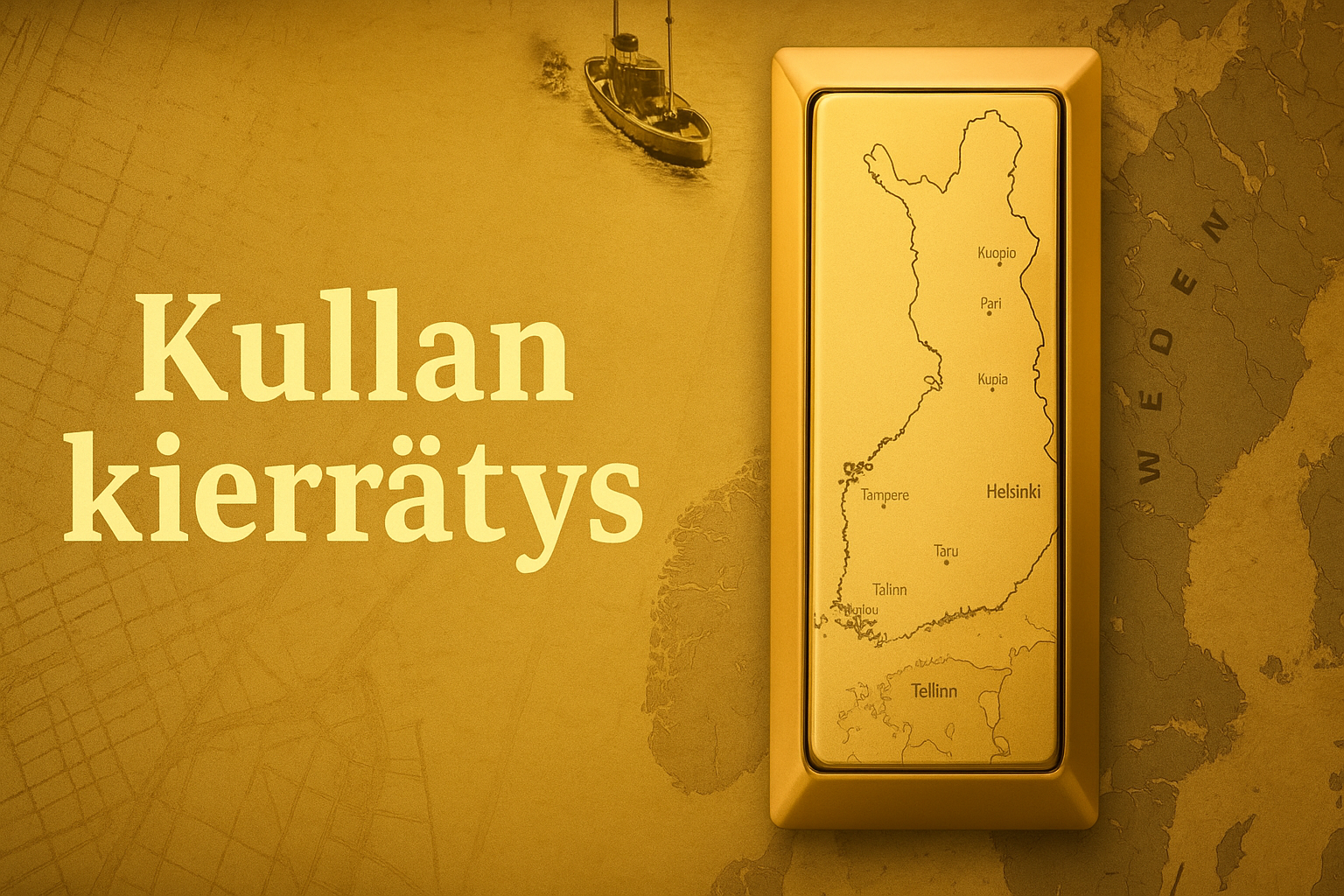 Kullan kierrätys – Suomi-kartta kultaharkossa ja vanha karttapohja taustalla