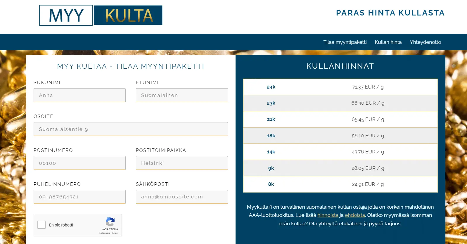 MyyKulta.fi kullan ostohinnat verkkosivulla