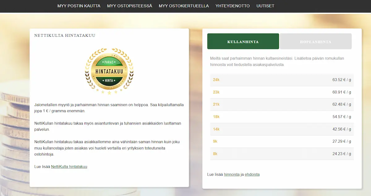 Nettikullan kullan hinnasto ja hintatakuu verkkosivulla