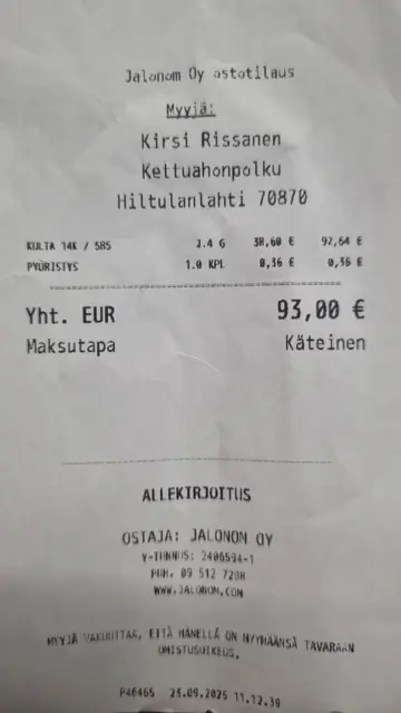 Kuvakaappaus verkkopankista, jossa näkyy Jalonomin maksama summa asiakkaalle