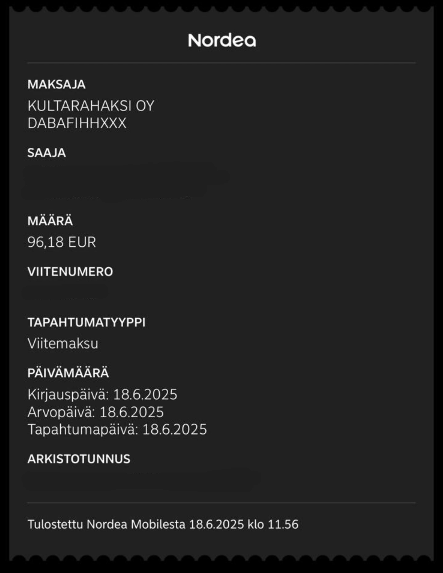 KultaRahaksi-palvelusta saatu maksu kullan myynnistä