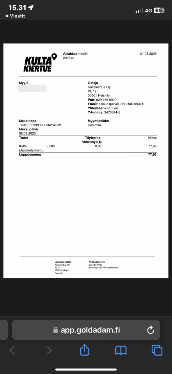 Kultakiertueen kuitti kullan myynnistä