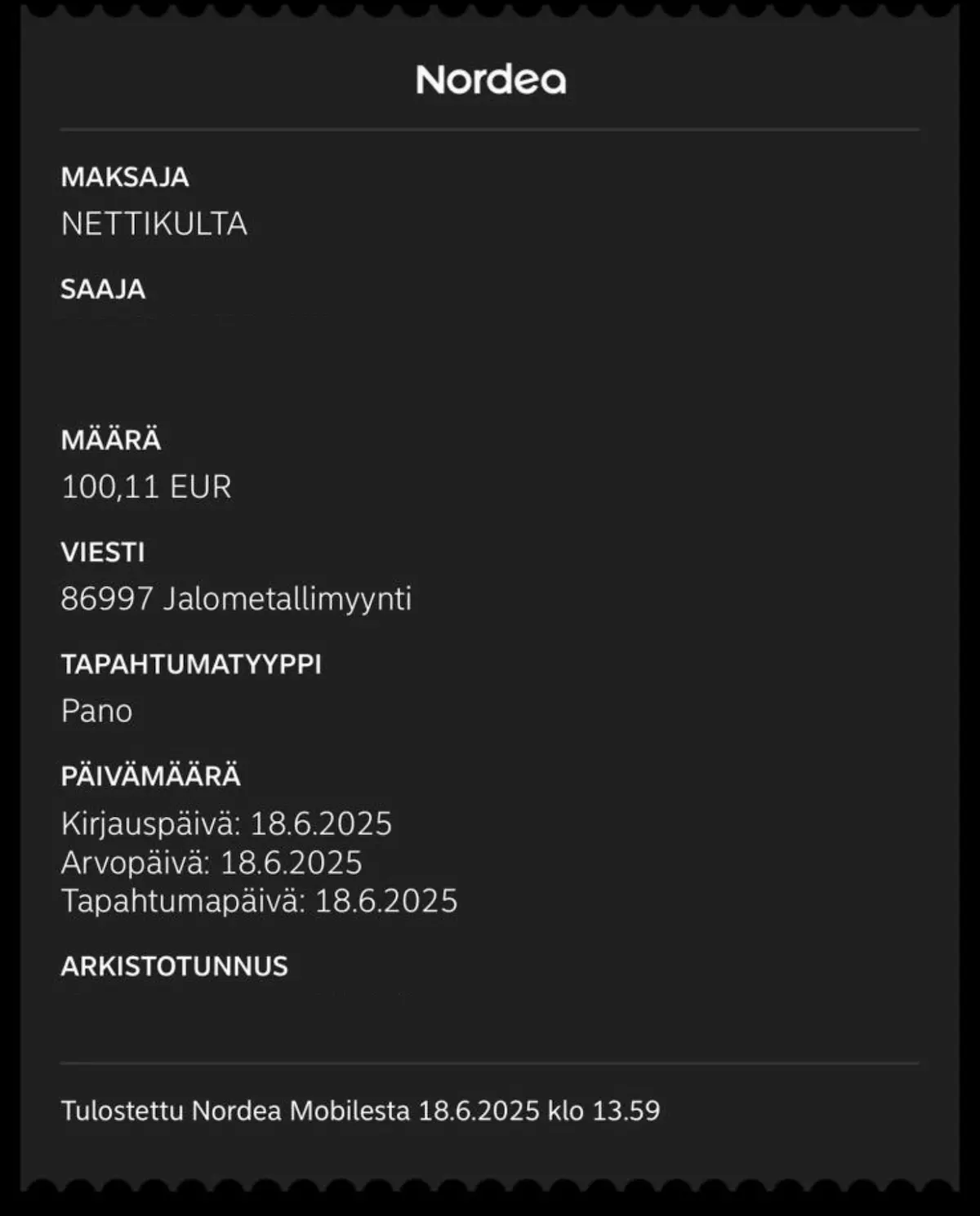 Kuvakaappaus verkkopankista, jossa näkyy NettiKullan maksama summa asiakkaalle