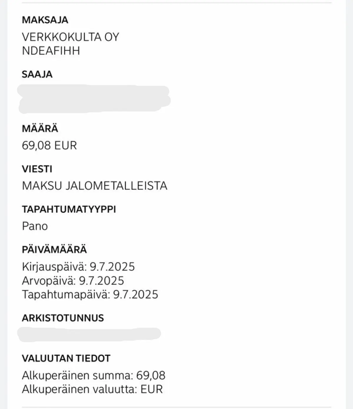 Verkkokullan maksu kullan myynnistä pankkitilille