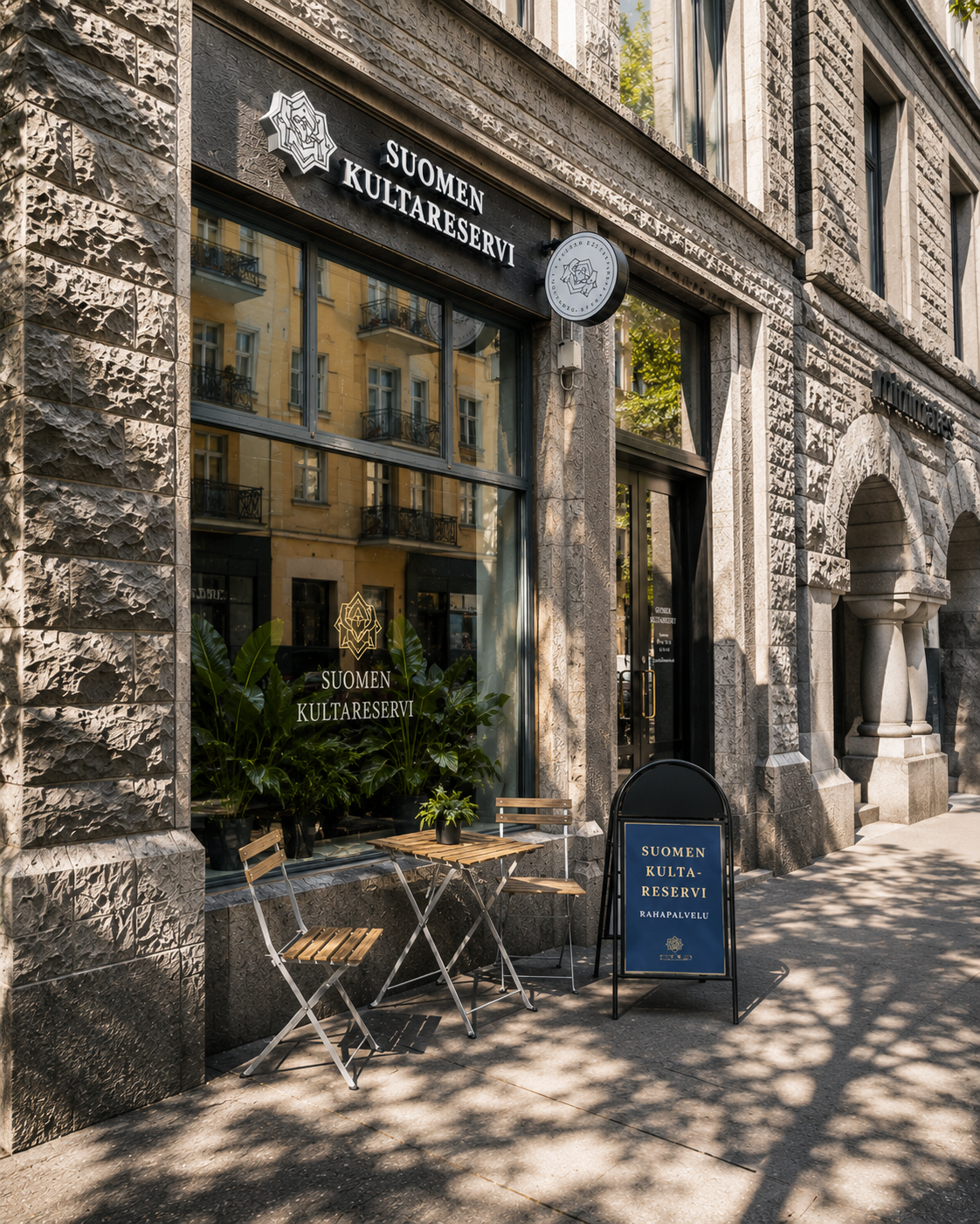 Suomen Kultareservin Helsingin toimipiste Fredrikinkadulla aurinkoisena päivänä.