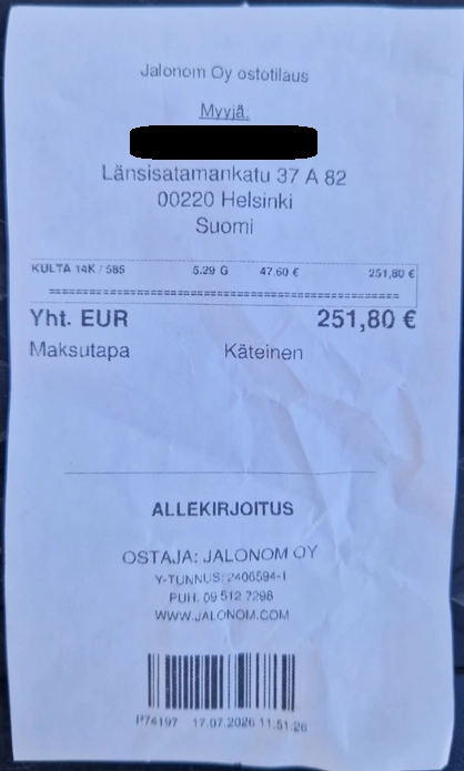 Jalonom Oy:n kuitti toteutuneesta kullan myynnistä, maksettu korvaus 251,8 euroa.