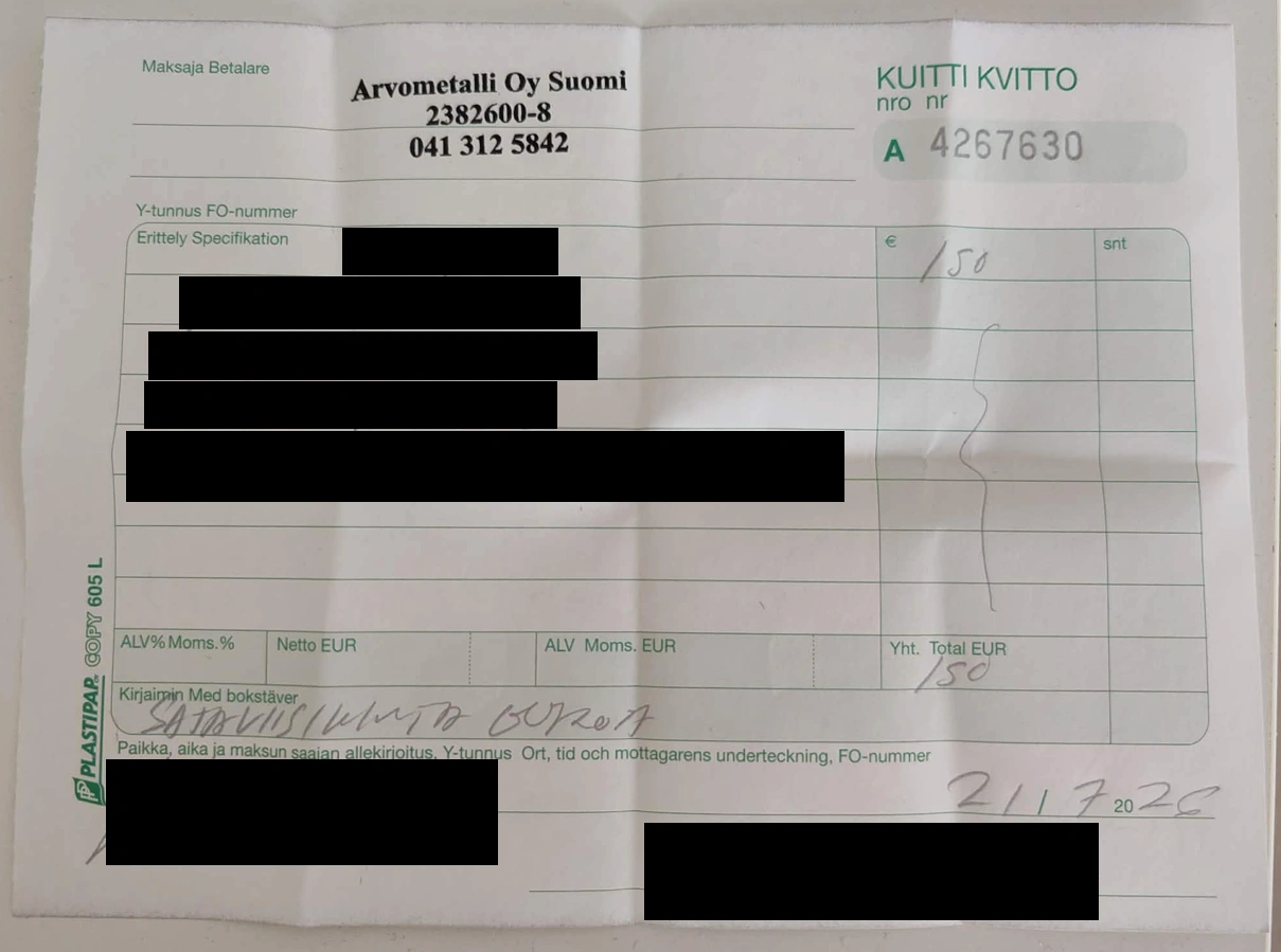 Kulta Euroiksi (Arvometalli Oy:n) kuitti toteutuneesta kullan myynnistä, maksettu korvaus 150 euroa.