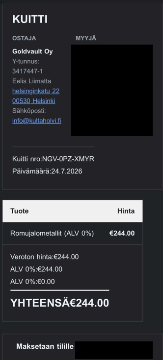 Kultaholvi kuitti toteutuneesta kullan myynnistä, maksettu korvaus 244 euroa.