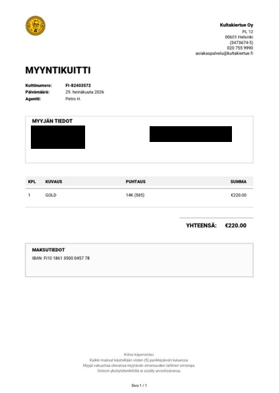 Kultakiertue kuitti toteutuneesta kullan myynnistä, maksettu korvaus 220 euroa.