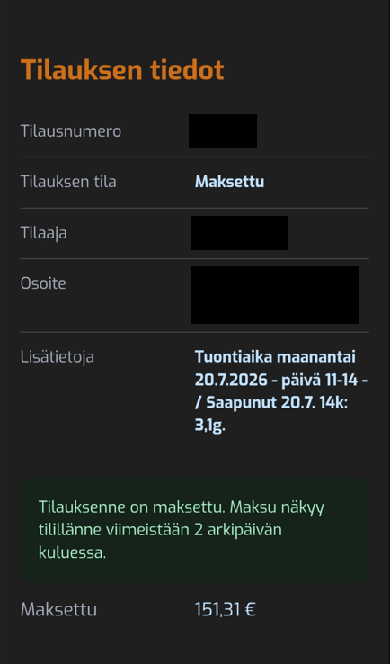 Verkkokulta Oy:n kuitti toteutuneesta kullan myynnistä, maksettu korvaus 151,31 euroa.